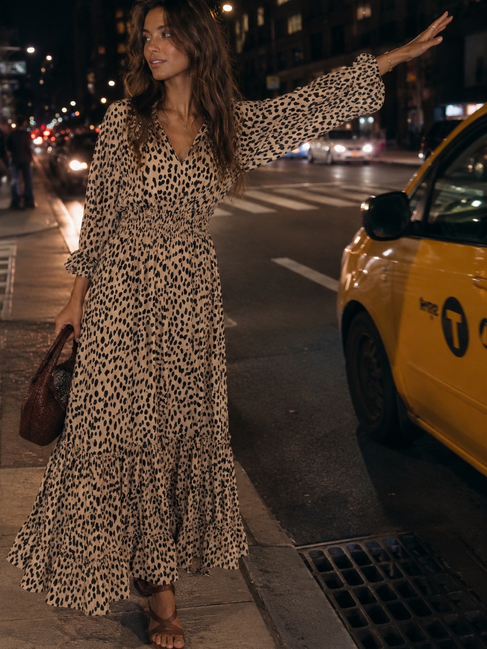 Vince Camuto Beige and Black Long Sleeve Animal Print Maxi Dress
